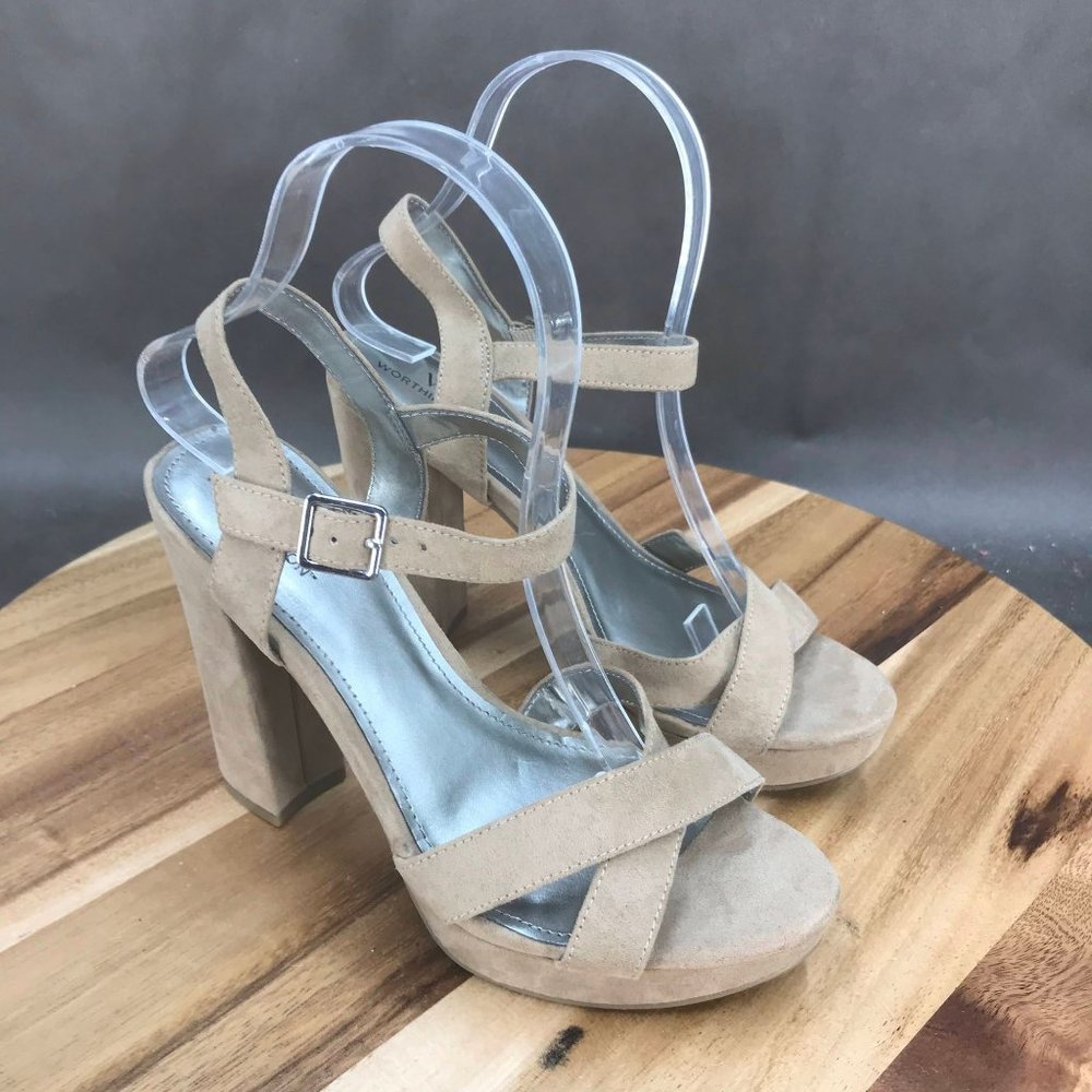 Worthington Beige Faux Suede Strappy Adjustable Block Heel Sandals Womens Size 6